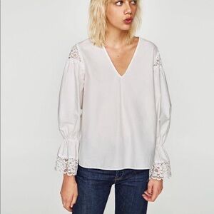 🆕Zara Basics XS White Blouse with Lace Details 100% Cotton